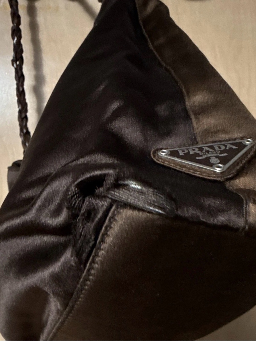 Authentic Prada Brown Satin Shoulder Bag with Braided Leather Straps - Picture 3 of 8